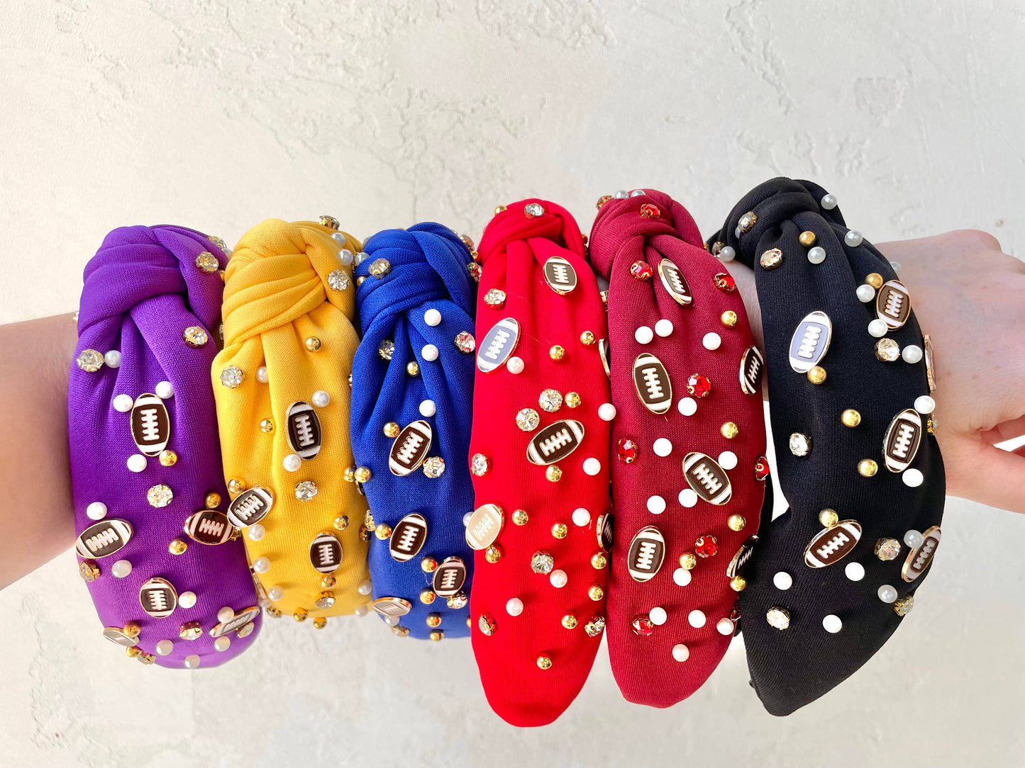 Pearl & Football Rhinestone Embellished Knot Top Headbands : Red
