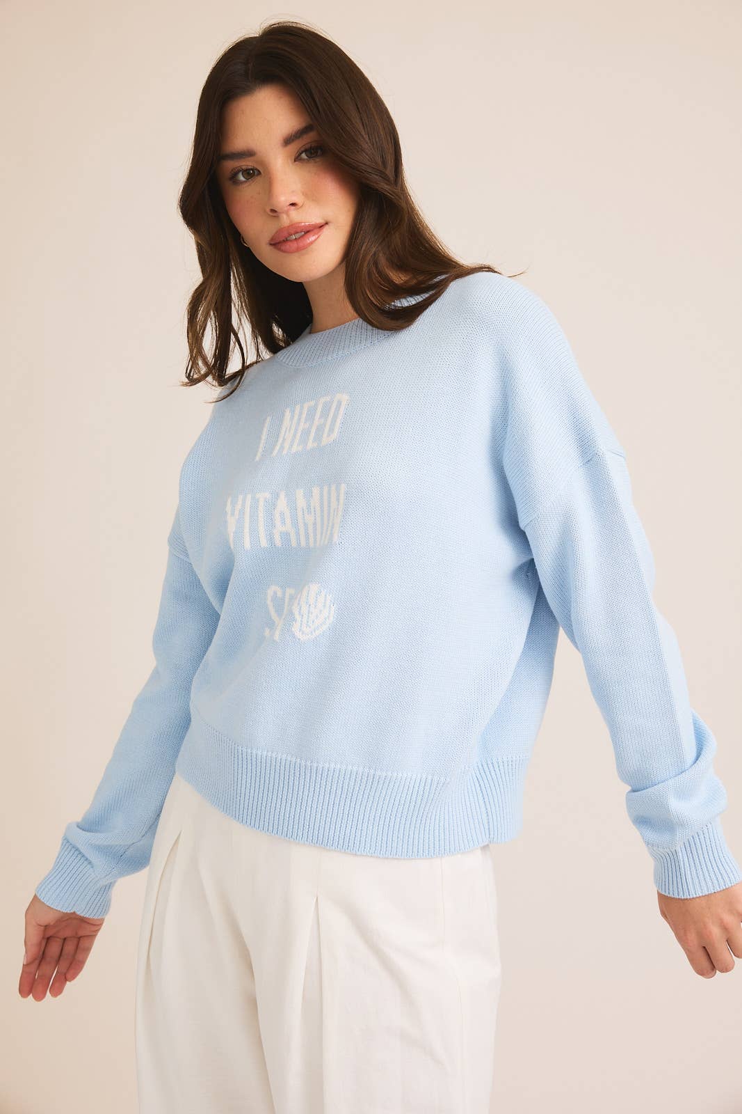 LONG SLEEVE SLOUCHY "I NEED VITAMIN SEA" LT WEIGHT SWEATER: BABY BLUE / L