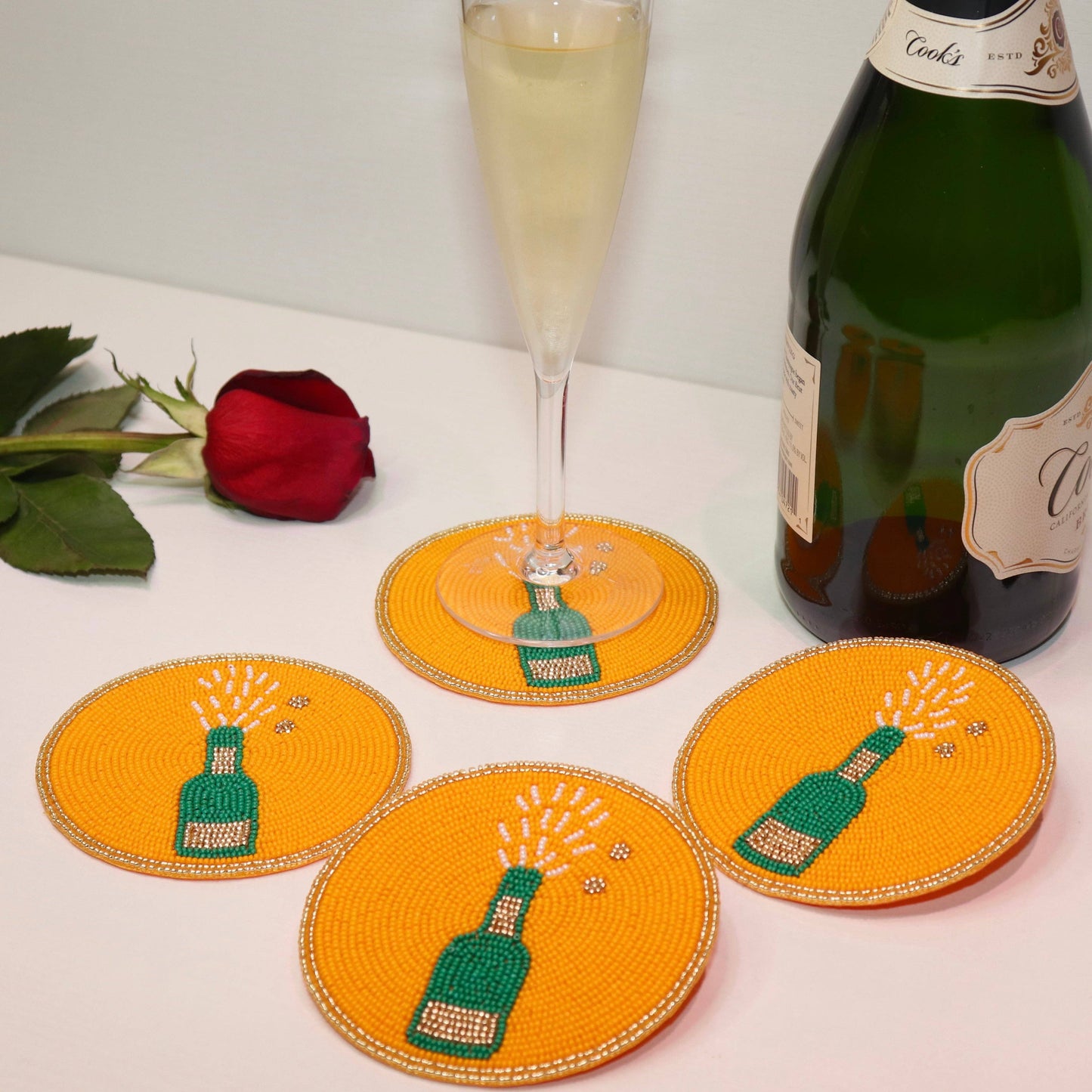 Pop the Champagne Bottle Beaded Coaster: Orange