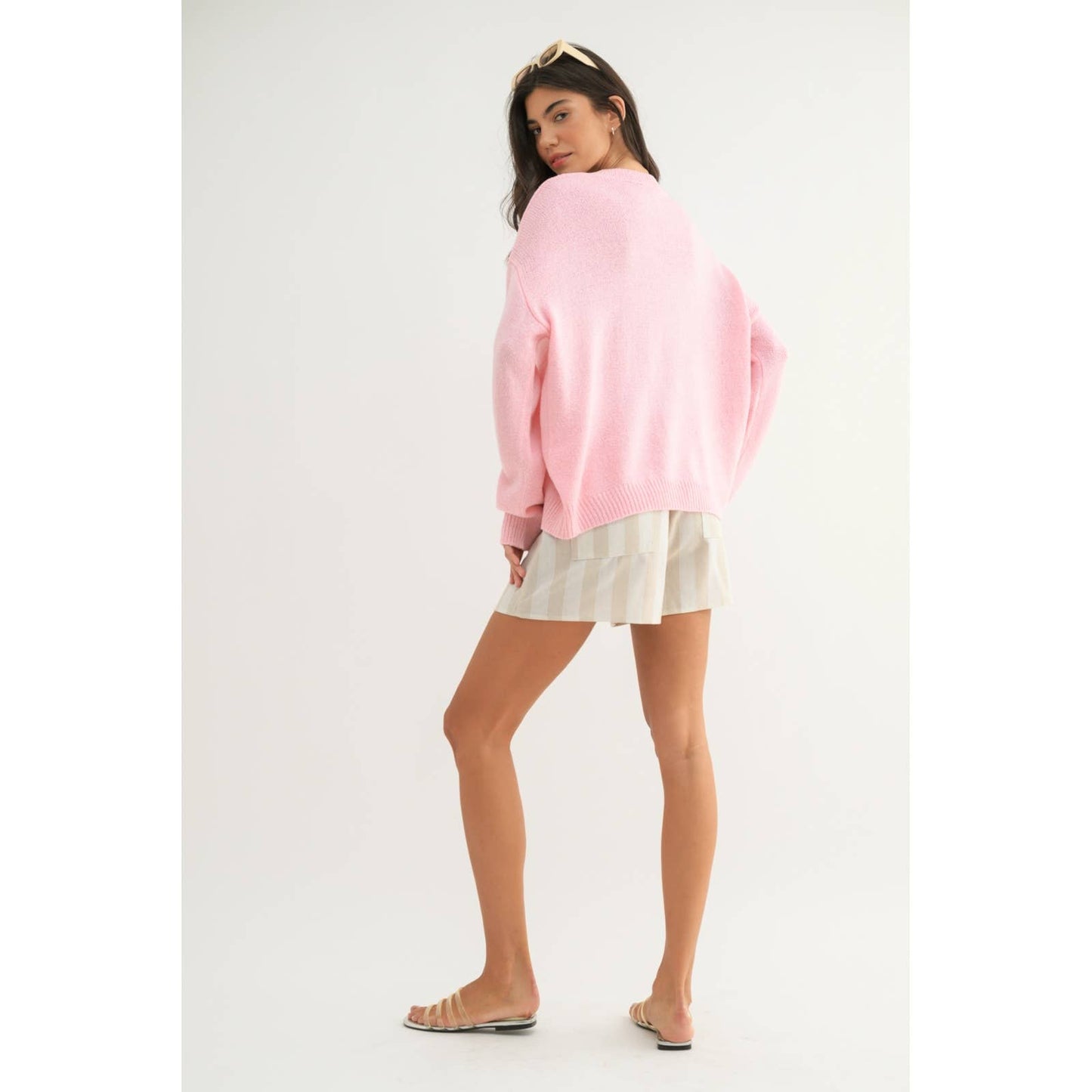 'VACAY' CHENILLE PATCH SWEATER TOP / WL24-9897: BALLET/TEAL / S