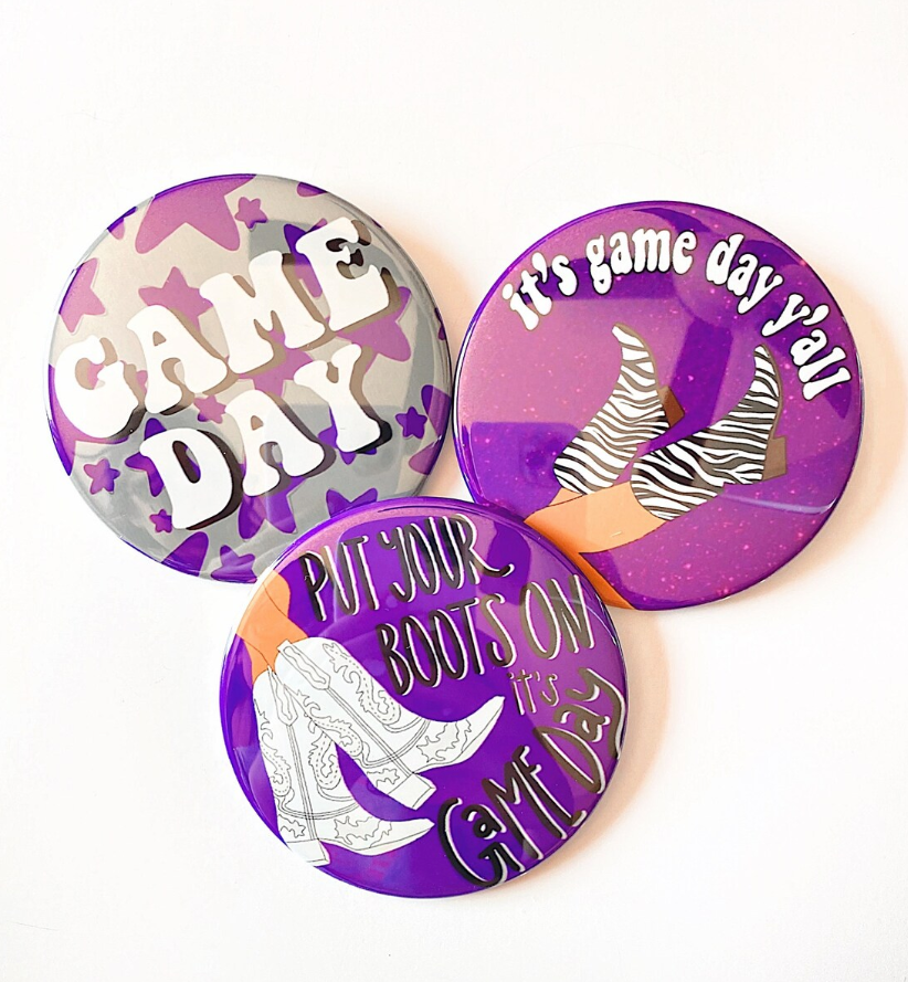 Purple Game Day Tailgate Buttons | Game Day Pins: IT'S GAME DAY Y'ALL