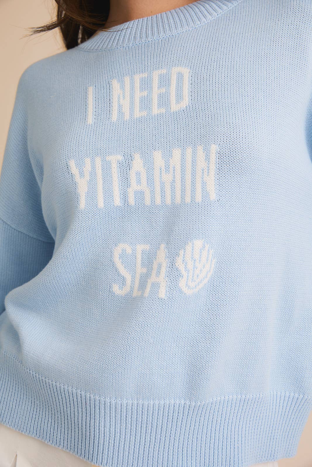 LONG SLEEVE SLOUCHY "I NEED VITAMIN SEA" LT WEIGHT SWEATER: BABY BLUE / L