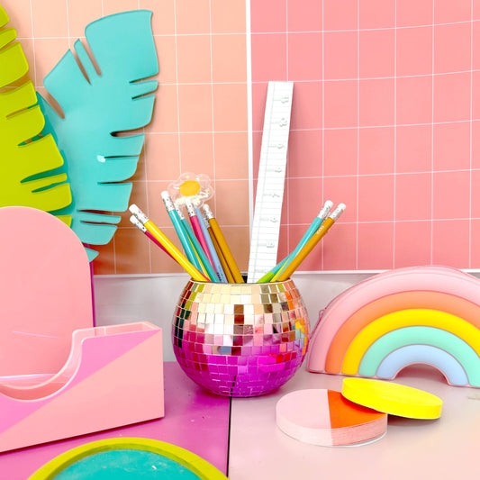 Gradient disco ball pen cup or planter - rose gold to pink