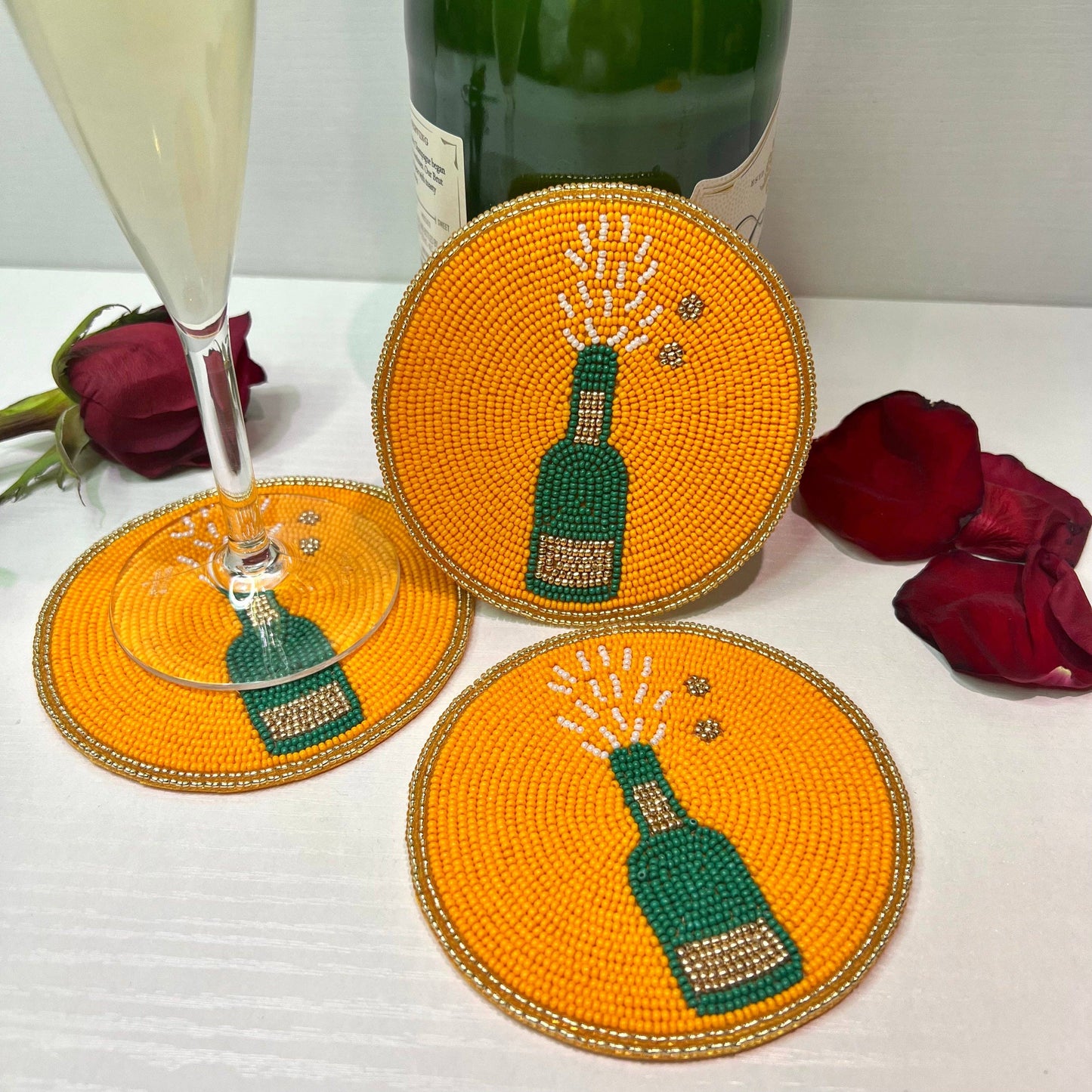 Pop the Champagne Bottle Beaded Coaster: Orange