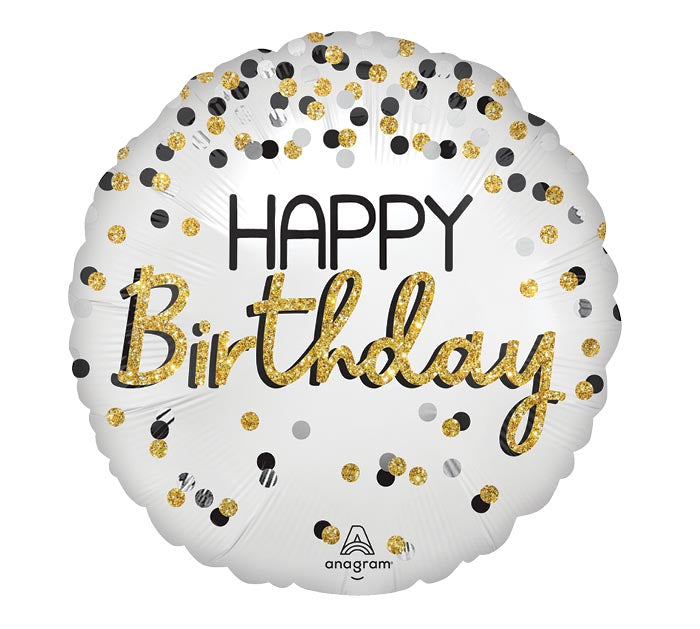 18 Inch Happy Birthday Silver Black Gold Round Foil Balloon