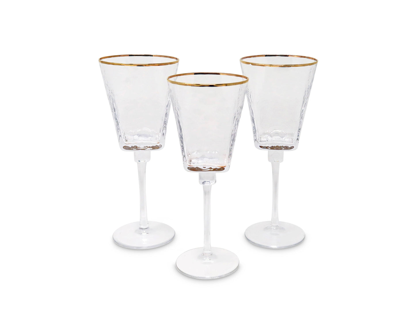 Set of 6 Square Shaped Hammered Glasses with Gold Rim: Flute