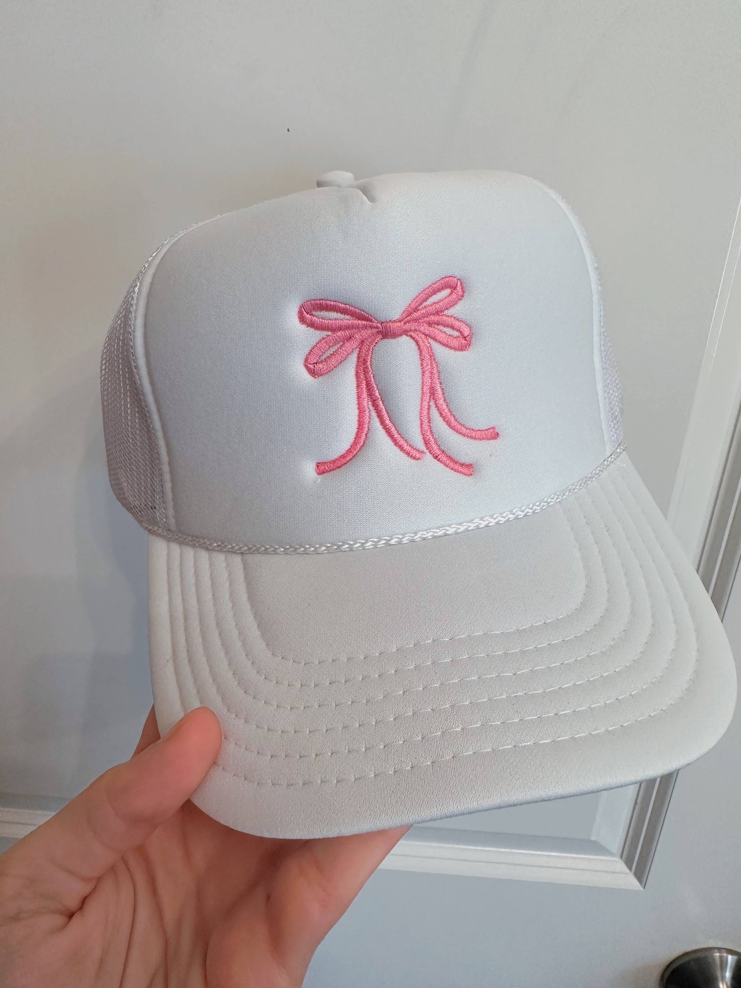 White Pink Bow Trucker Hat  Embroidery