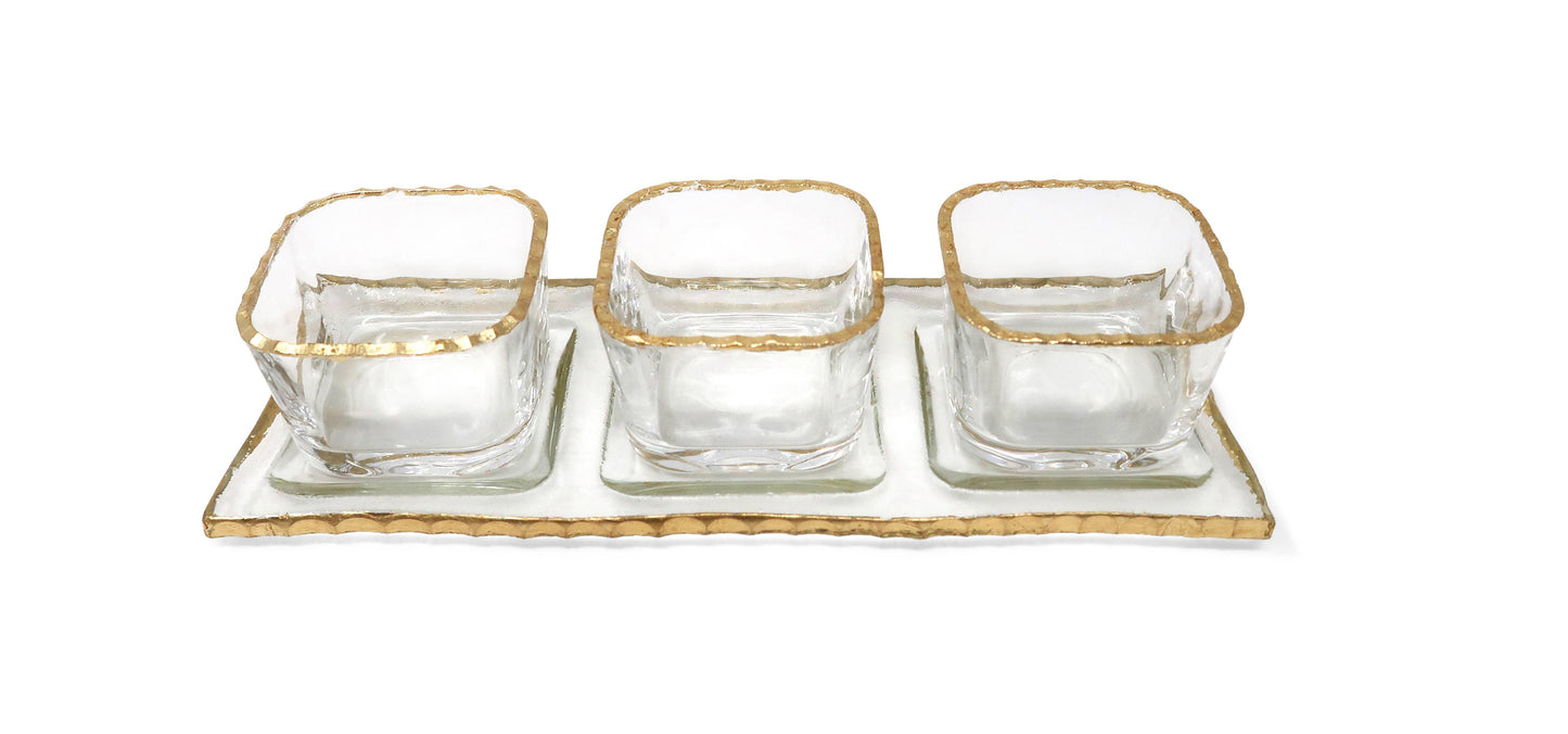 3 Bowl Relish Dish on Tray with Gold Rim