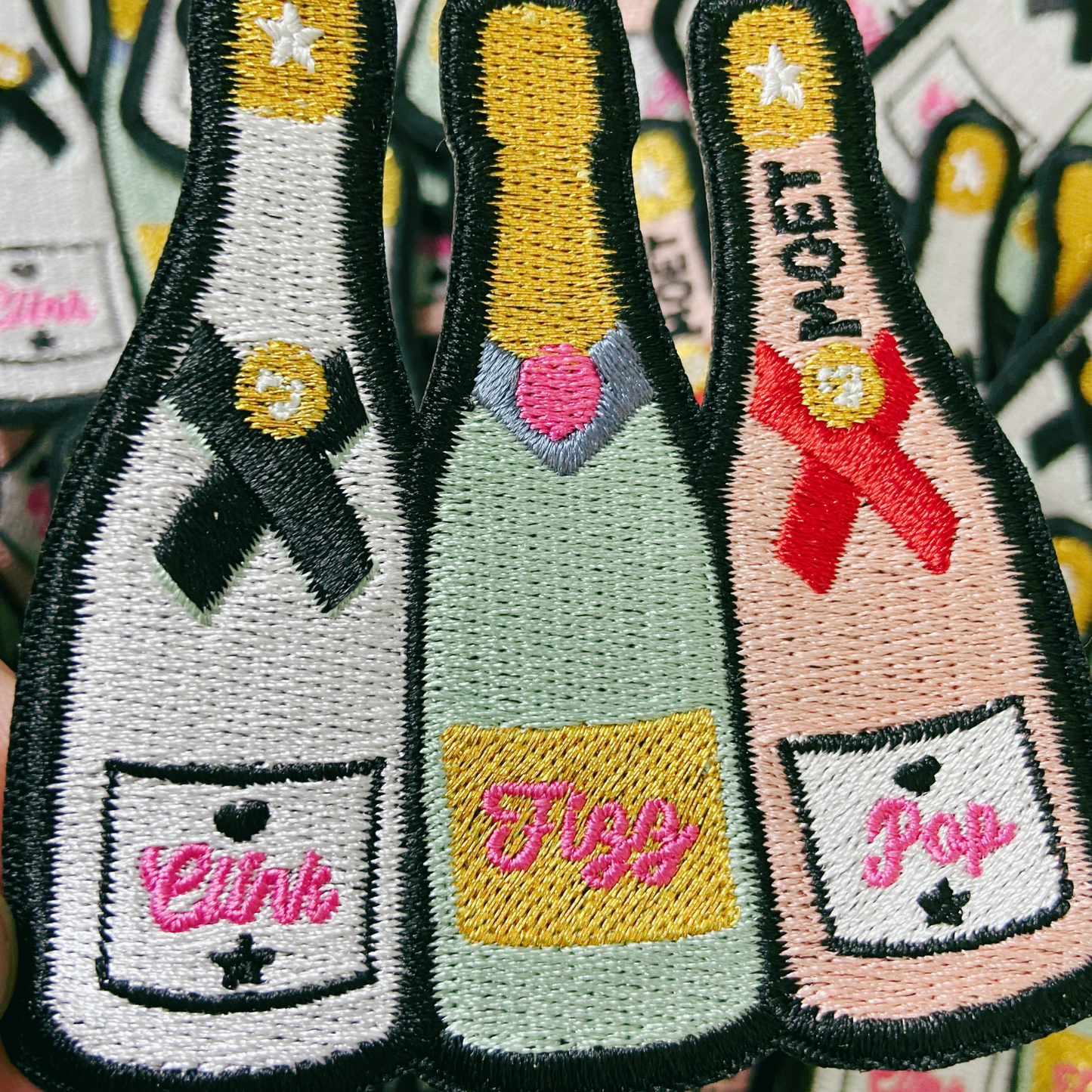 3" Clink, Fizz, Pop Champagne w Metallic Gold  -  Embroidered Hat Patch: QTY 1