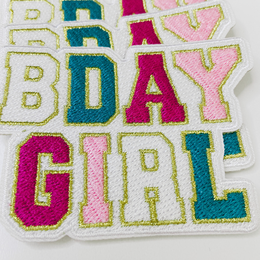 3" BDAY Girl with Metallic detail-  Embroidered Hat Patch: 3" Embroidered Patch