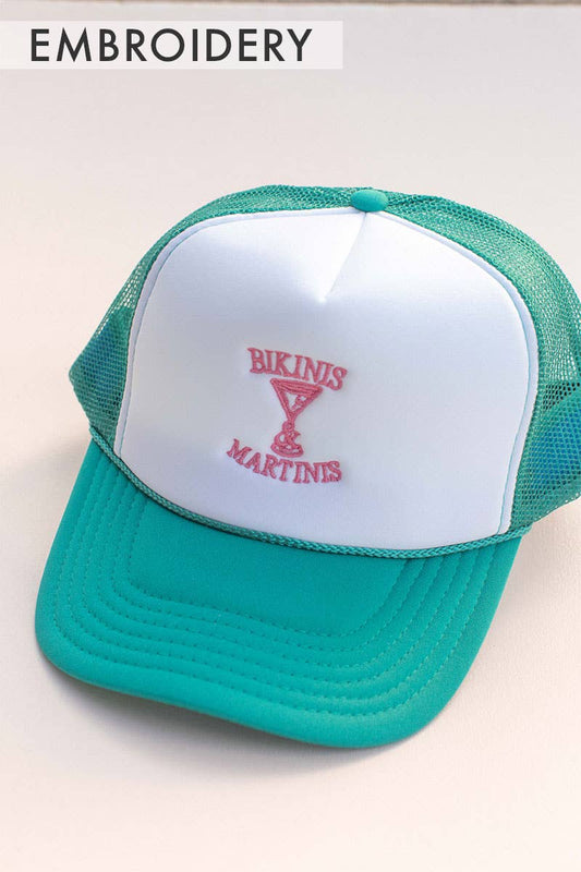 Embroidery Bikinis Martinis Trucker Hat Cap: Jade/White