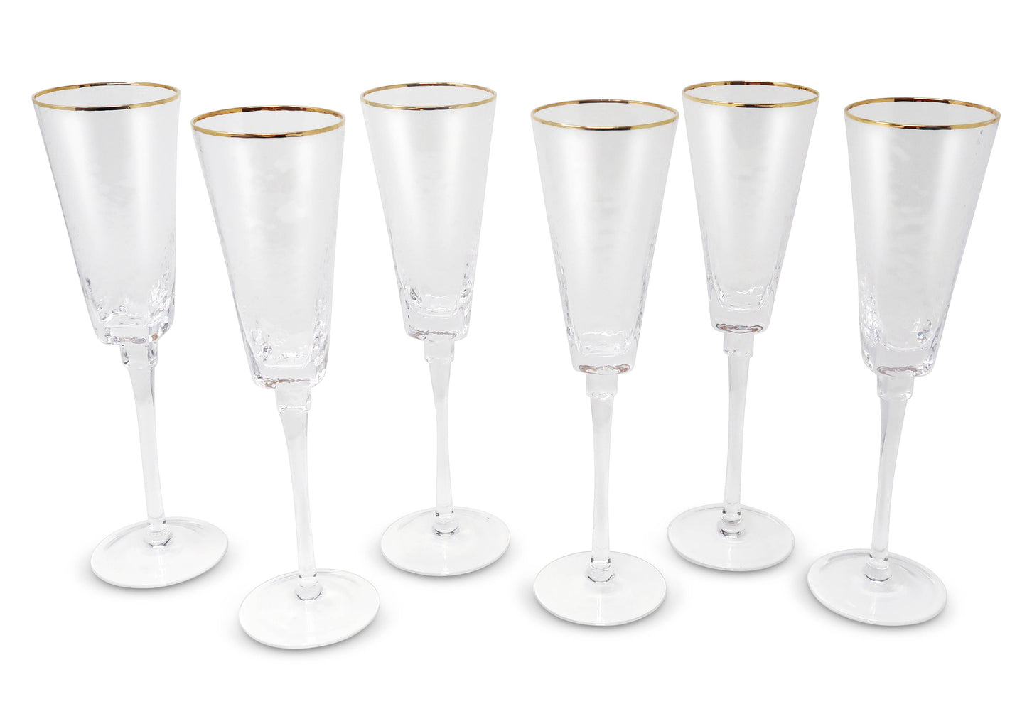 Set of 6 Square Shaped Hammered Glasses with Gold Rim: Flute