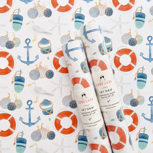 Retro Coastal Gift Wrap | Nautical Gift Wrap: Roll of 3 Sheets