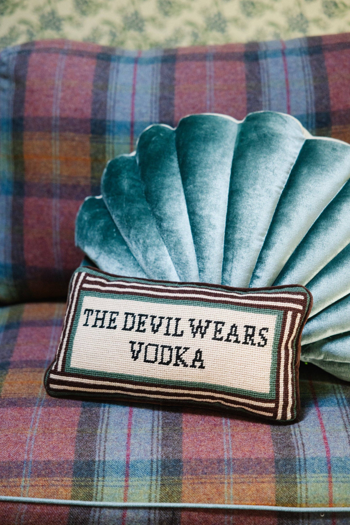 Devil Wears Vodka Needlepoint Pillow