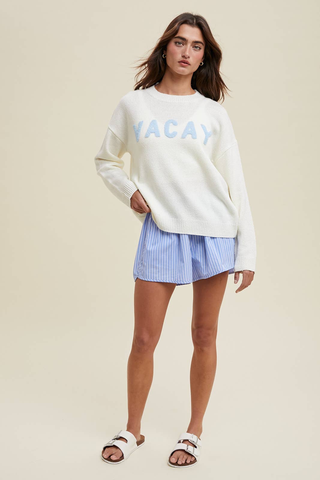 'VACAY' CHENILLE PATCH SWEATER TOP / WL24-9897: BALLET/TEAL / M