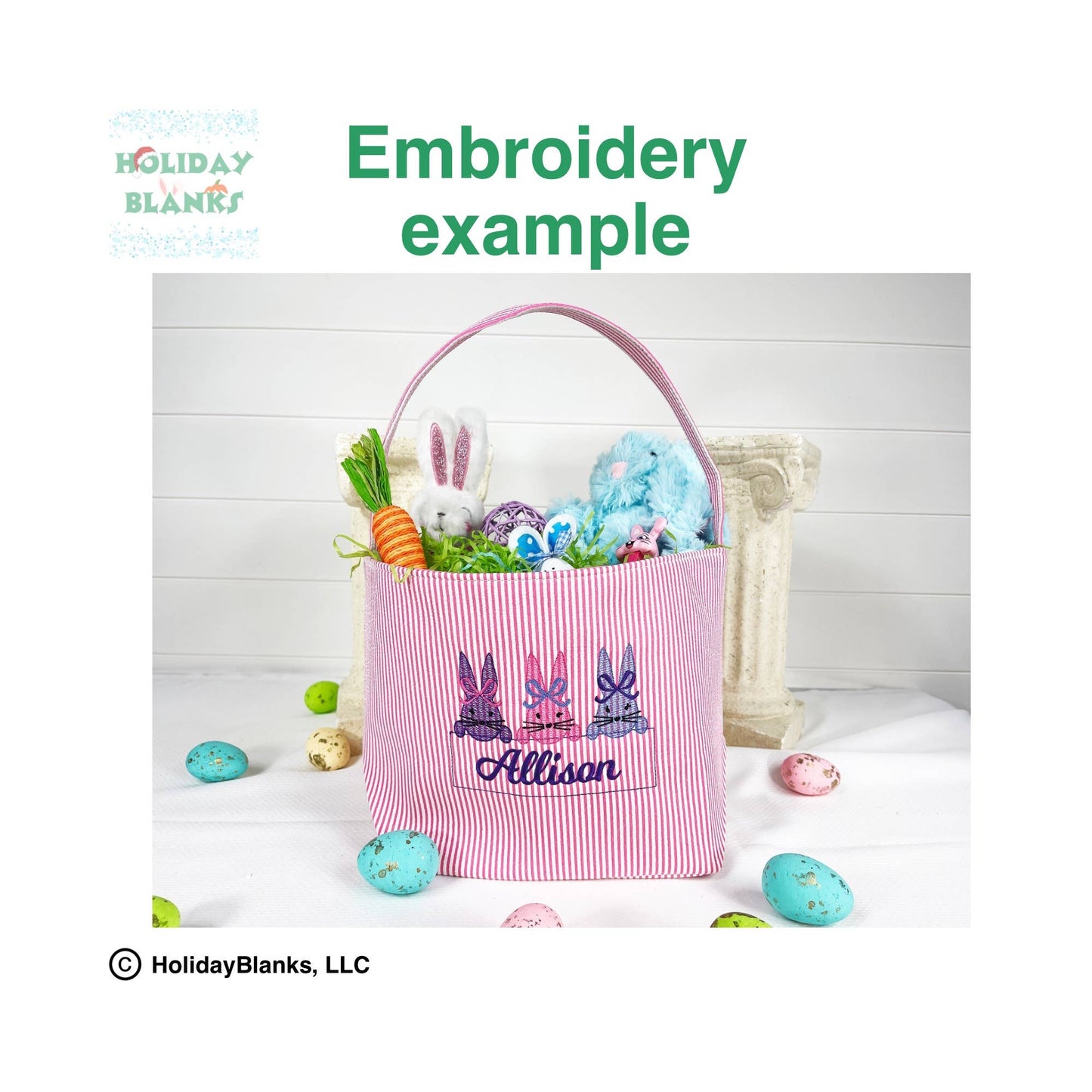 Easter or Halloween Seersucker basket embroidery blanks: Green