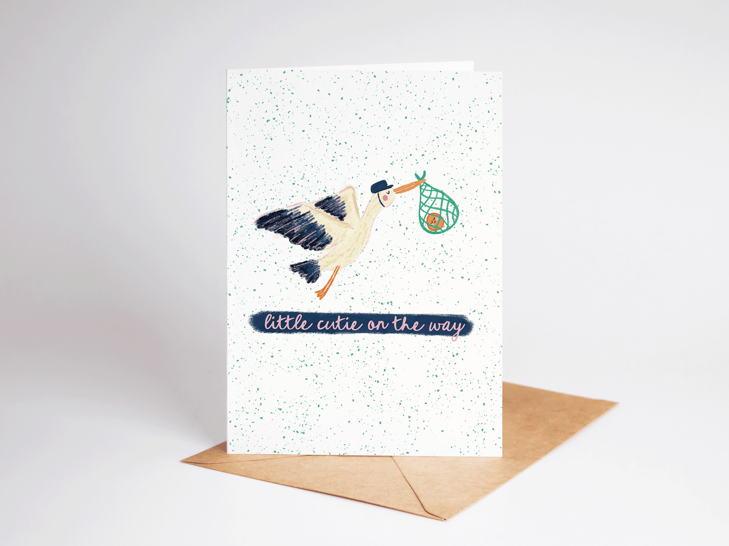 Little Cutie On the Way Stork Orange New Baby Greeting Card