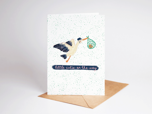 Little Cutie On the Way Stork Orange New Baby Greeting Card