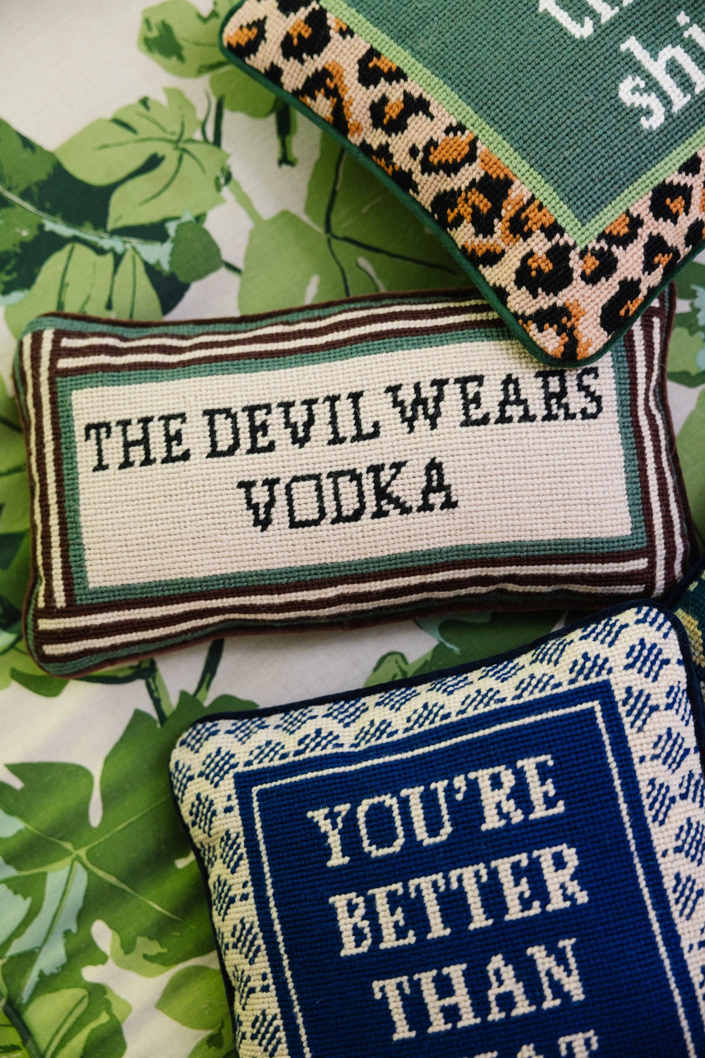 Devil Wears Vodka Needlepoint Pillow