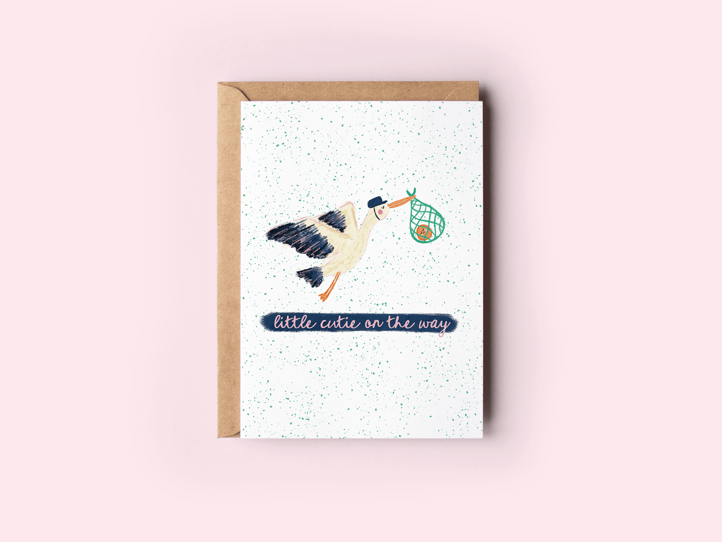 Little Cutie On the Way Stork Orange New Baby Greeting Card