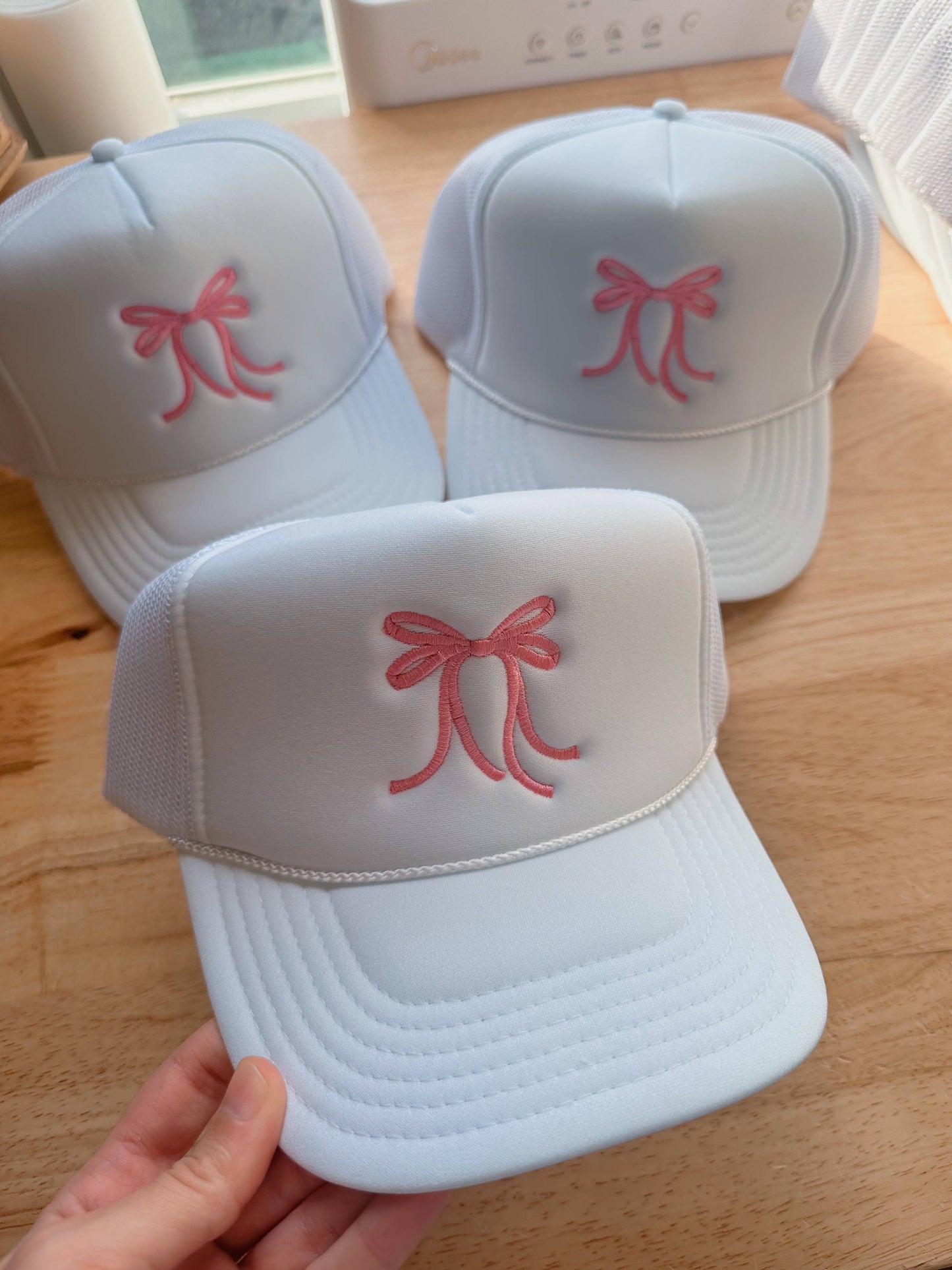 White Pink Bow Trucker Hat  Embroidery