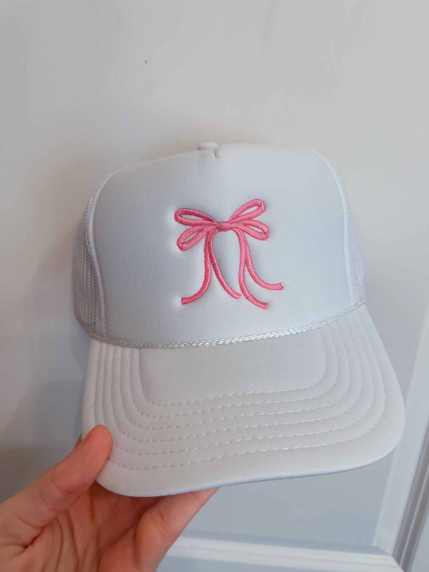 White Pink Bow Trucker Hat  Embroidery