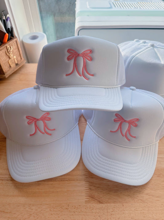 White Pink Bow Trucker Hat  Embroidery