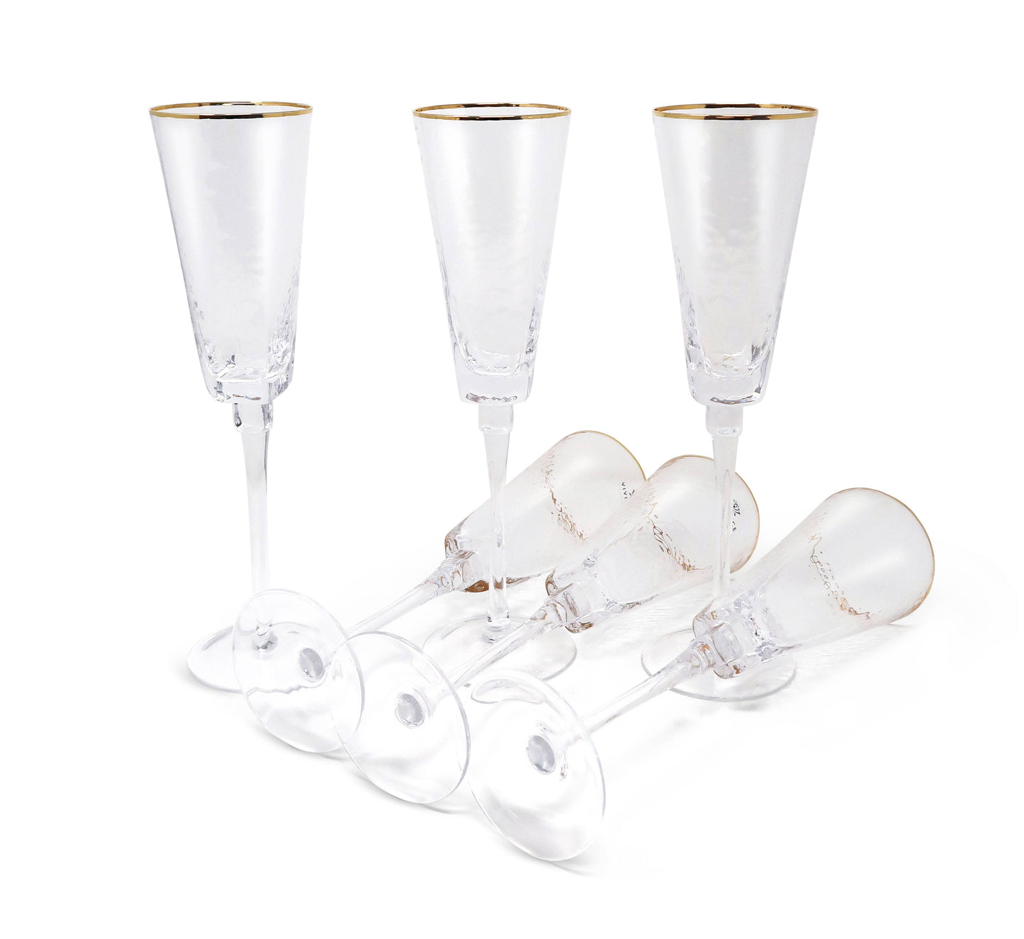 Set of 6 Square Shaped Hammered Glasses with Gold Rim: Flute