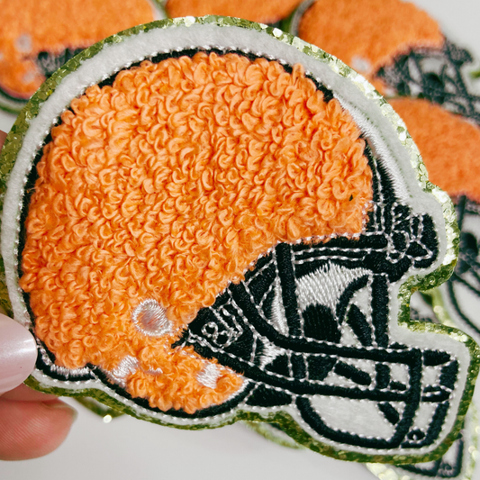 3" x 2.5" Football Helmet chenille hat patch - in Red, Blue, Black, White, Dark Green, Gold & Orange: ORANGE