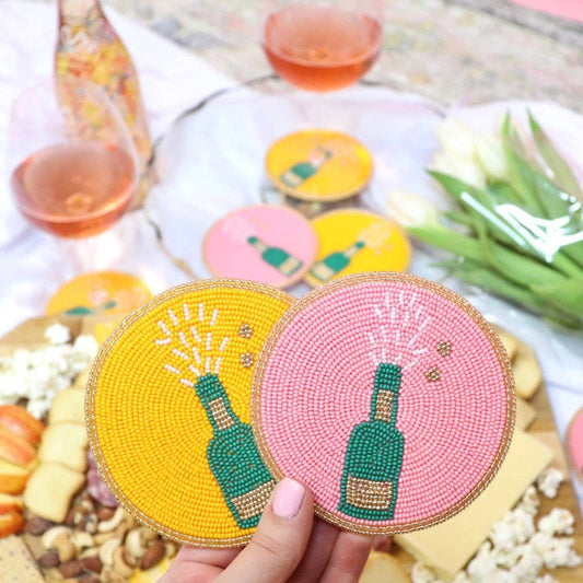 Pop the Champagne Bottle Beaded Coaster: Orange
