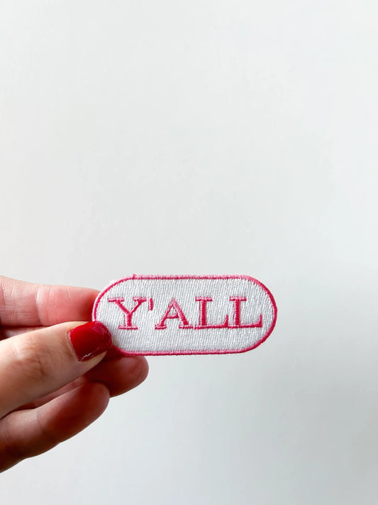 Y'all Embroidered Iron-on Patch Pink and White