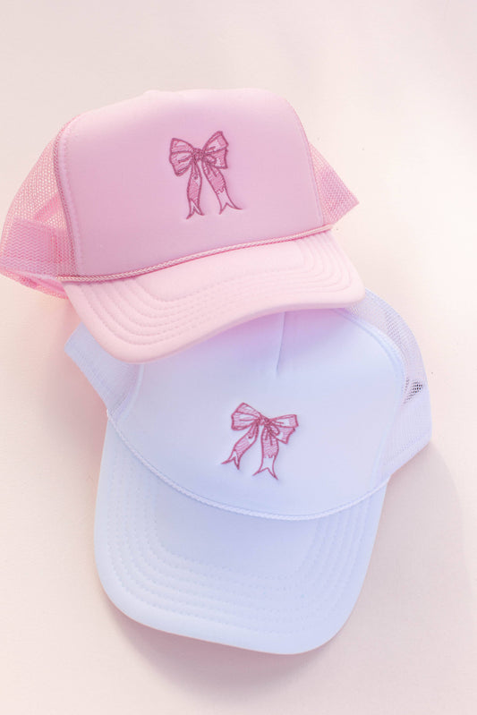 Kids or Adults Coquette Bow Embroidery Trucker Hat Cap: White - Kids
