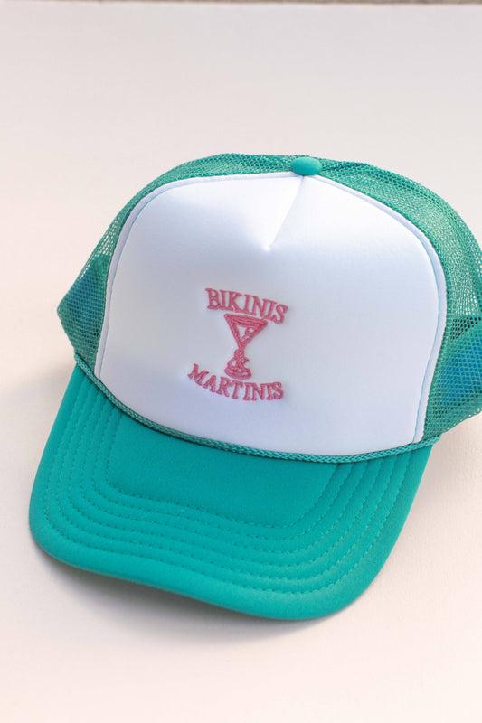Embroidery Bikinis Martinis Trucker Hat Cap: Jade/White