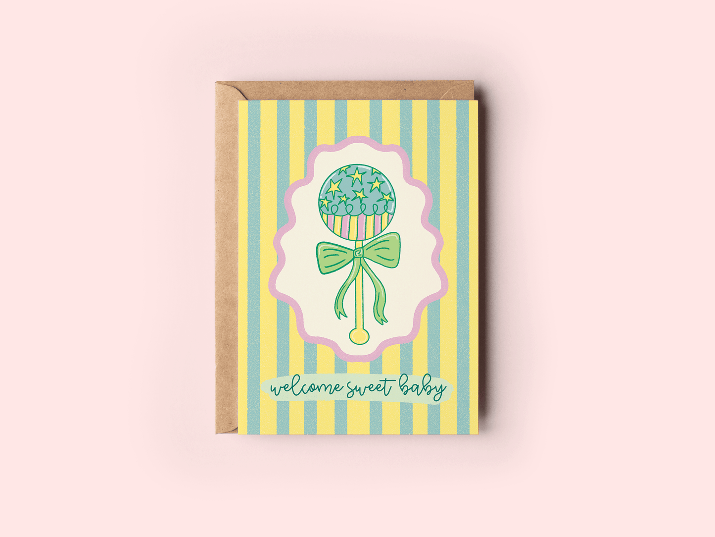Welcome Sweet Baby Colorful Rattle New Baby Greeting Card