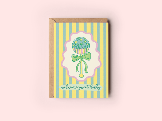 Welcome Sweet Baby Colorful Rattle New Baby Greeting Card