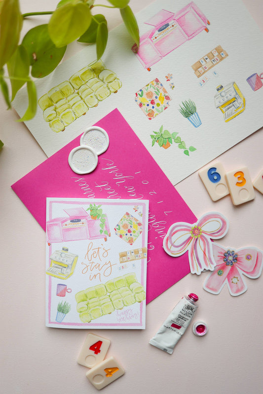 Let's stay in introvert birthday card, homebody, puzzles