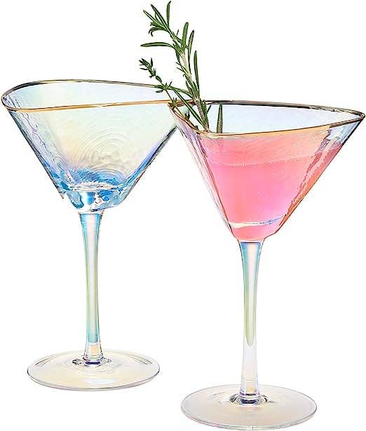 Iridescent Hammered Martini Glasses - Set of 2 Gold Rim 8oz