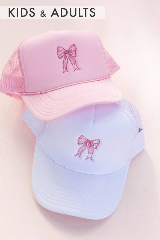Kids or Adults Coquette Bow Embroidery Trucker Hat Cap: White - Kids