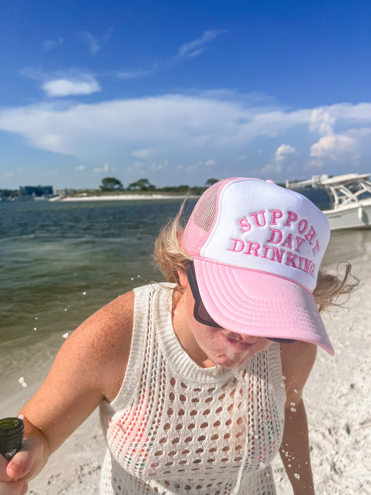 Support Day Drinking Trucker Hat Baby Pink