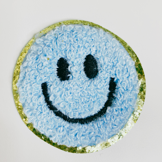 2in Smiley Face chenille hat patch - in Pink, Yellow, Blue or White: BLUE - 2" Chenille Patch