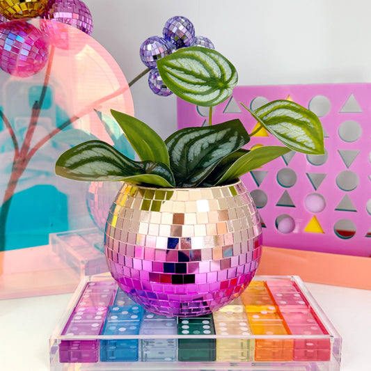 Gradient disco ball pen cup or planter - rose gold to pink