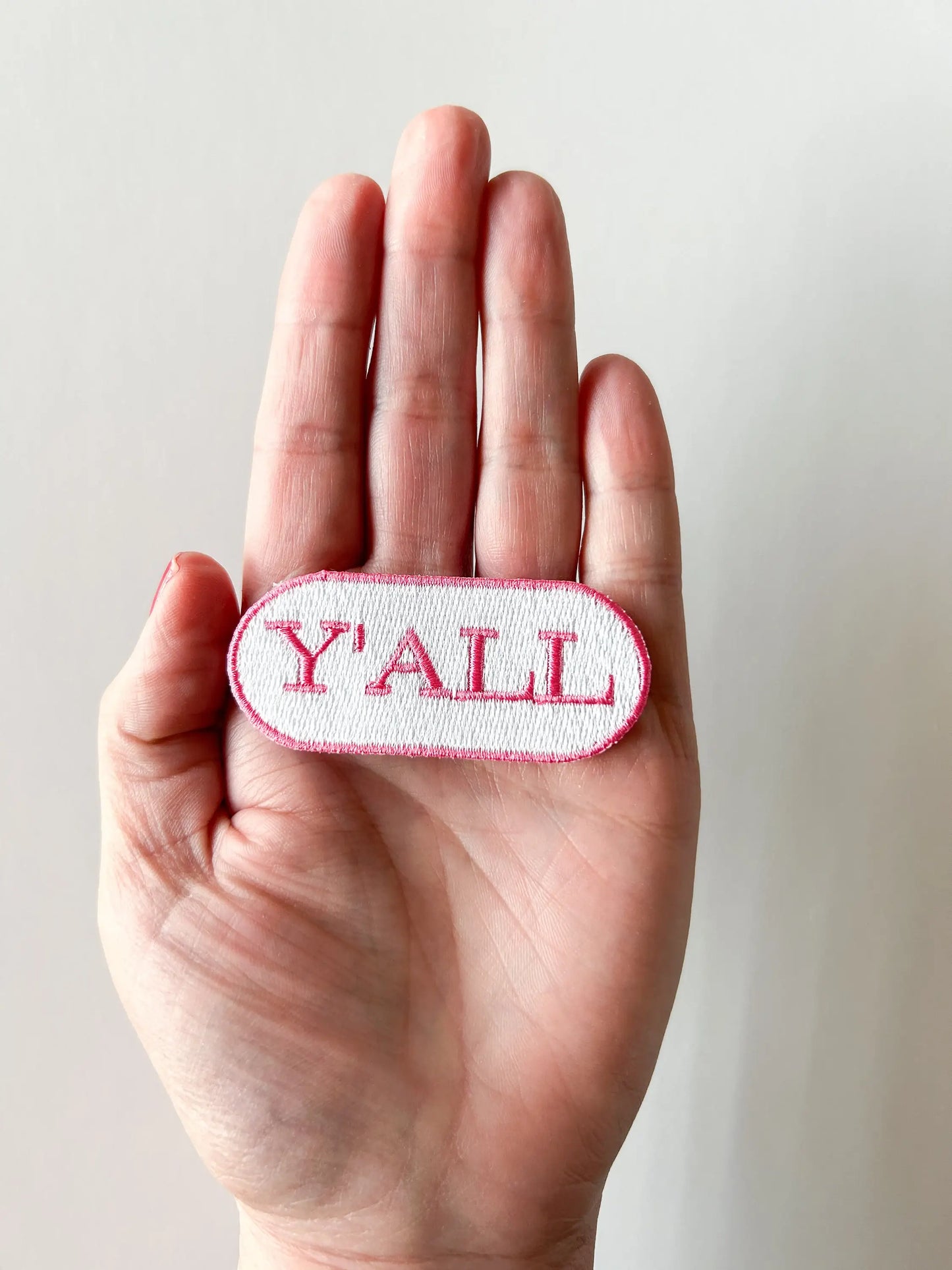 Y'all Embroidered Iron-on Patch Pink and White