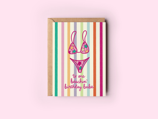Beachin' Birthday Babe Swimsuit Beach Coastal Greeting Card