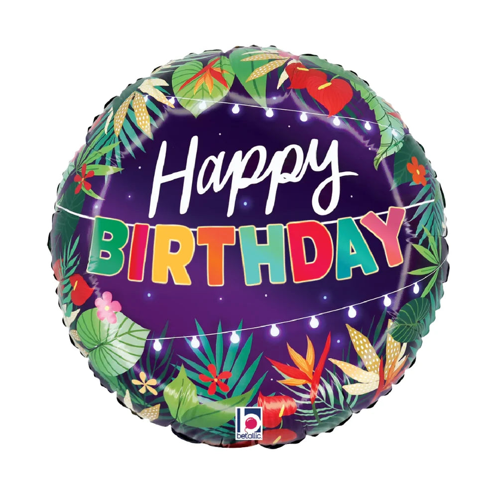 17 Inch Happy Birthday Tropical Lights Round Foil Balloon
