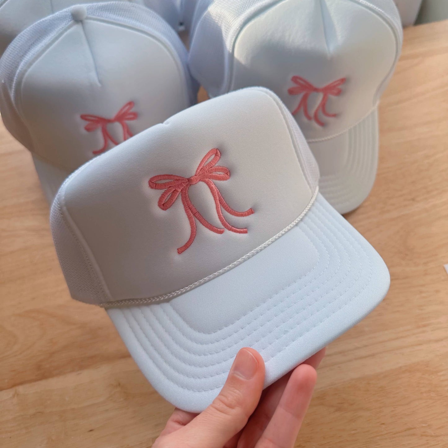 White Pink Bow Trucker Hat  Embroidery