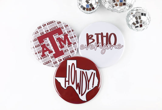 TEXAS A&M Maroon Game Day Tailgate Buttons | Game Day Pins (: BTHO EVERYONE