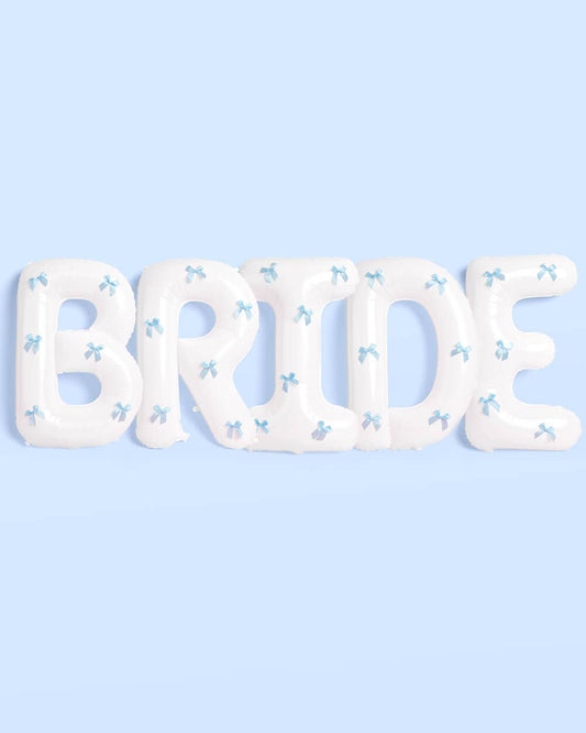 White Bride Balloons with Blue Bows | Bridal Party Decor