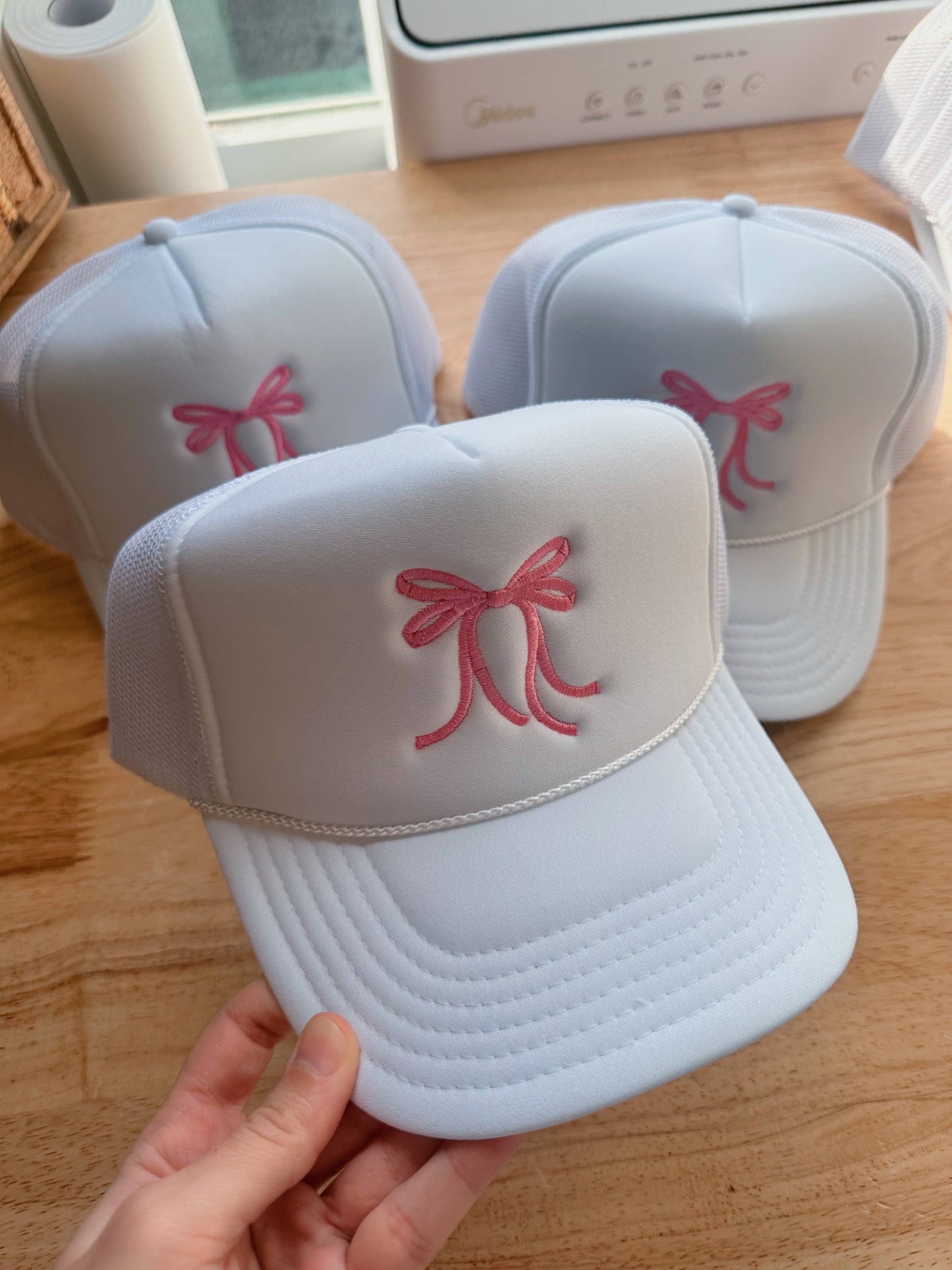 White Pink Bow Trucker Hat  Embroidery