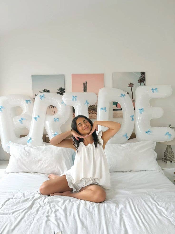 White Bride Balloons with Blue Bows | Bridal Party Decor