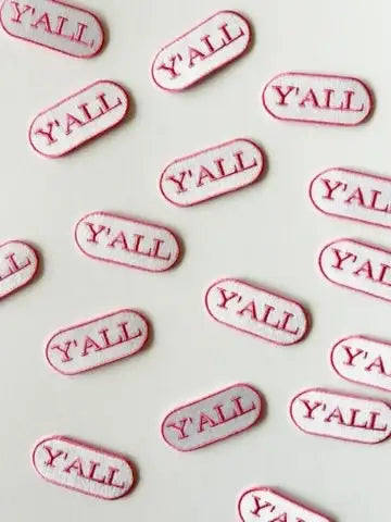 Y'all Embroidered Iron-on Patch Pink and White